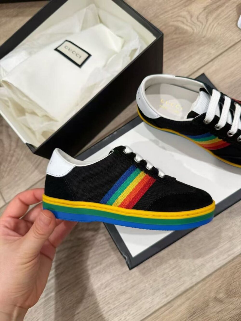 NIB Authentic Gucci Kids Rainbow Web Sneakers